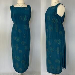 Boho Maxi Dress Plus Size 1X Blue Brocade Print Pure Silk Sleeveless Hippie Vtg